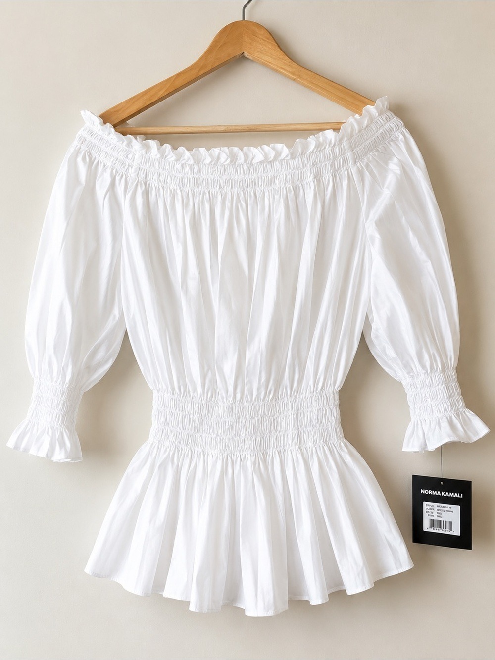 NWT Norma Kamali Peasant Dress White XS Off Shoulder Smocked Cotton Mini - Picture 4 of 9